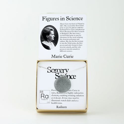 Figures in Science: Marie Curie with Radium Bohr Model Atom Necklace in Stainless Steel