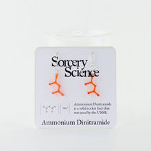 Ammonium Dinitramide Molecule Earrings in Transparent Orange Acrylic on Card for Retail