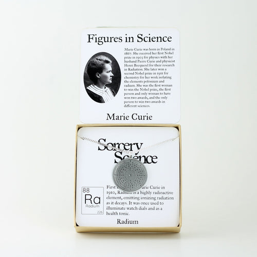 Figures in Science: Marie Curie with Radium Bohr Model Atom Necklace in Stainless Steel