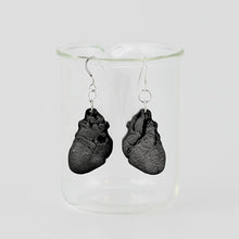 Anatomical Human Heart Earrings in Black Acrylic showing front and back designs