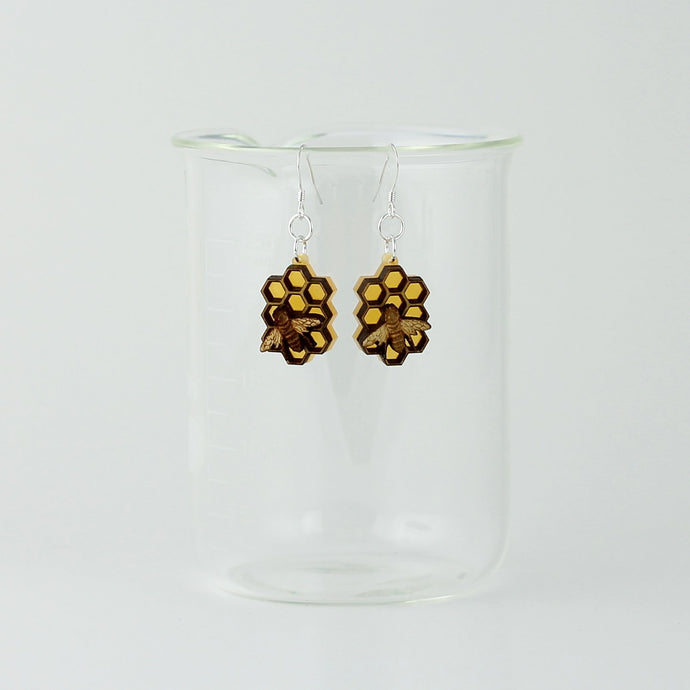 Small Honeycomb with Bee Earrings in Wood and Acrylic