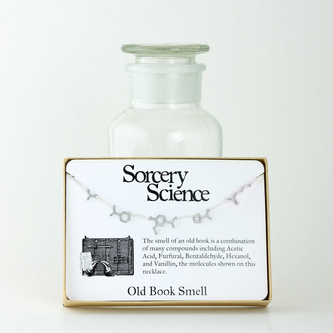 Old Book Smell Molecule Necklace in Stainless Steel Retail Packaging